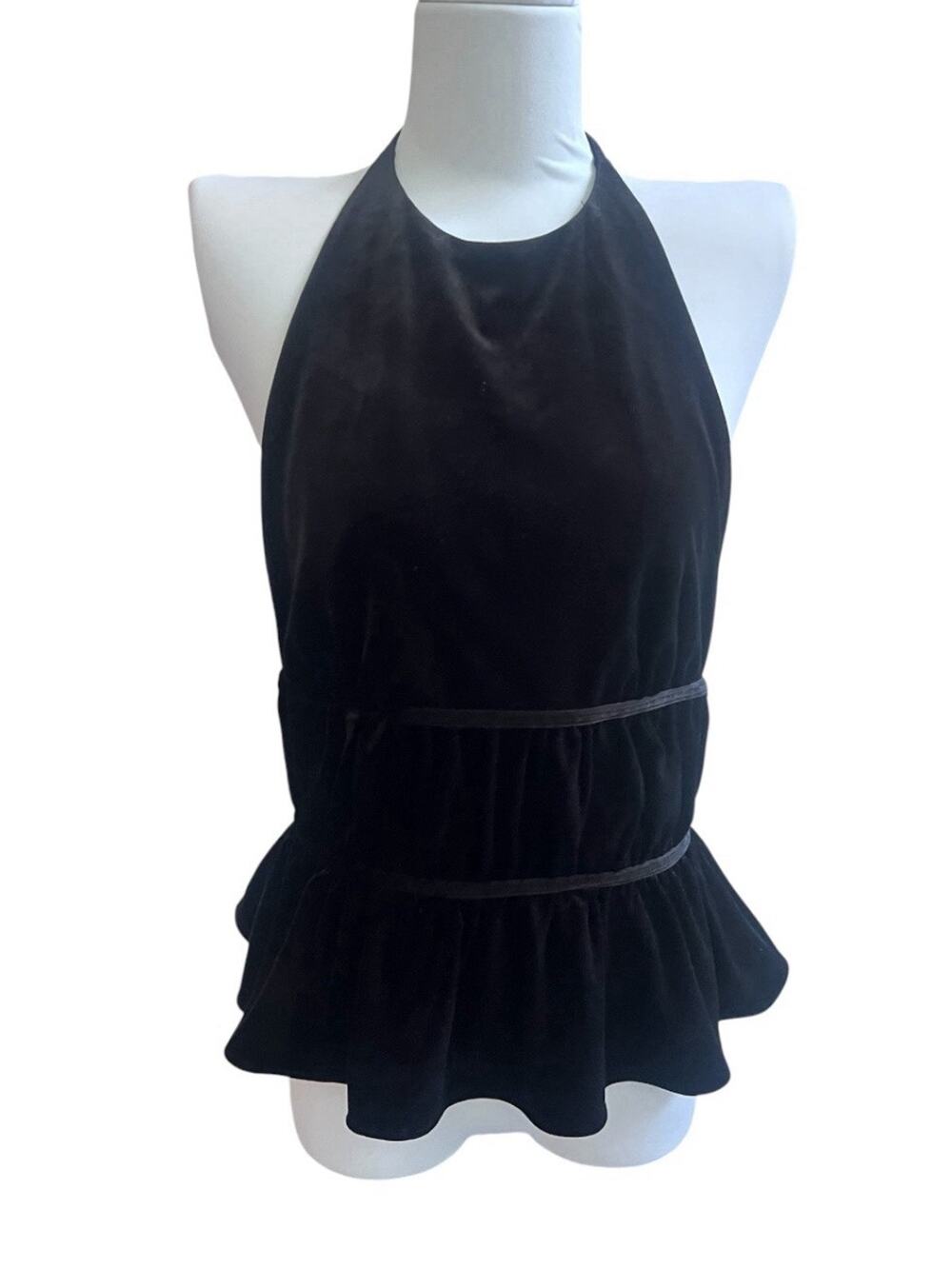 Zara Halter Top Sz M Velvet Black Peplum Backless Strappy Whimsygoth Blouse